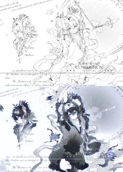 Rule 34 | 1girl, :o, absurdres, choker, clock, closed mouth, collarbone, commission, cowboy shot, dress, drill hair, hair between eyes, hair intakes, hairband, highres, jintian de hao yueye youdian sang, long hair, long sleeves, looking at viewer, monochrome, multiple views, original, profile, red pupils, sidelocks, sleeves past fingers, sleeves past wrists, twin drills, watermark