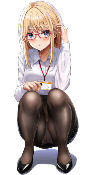 1girl black_pantyhose black_shoes black_skirt blonde_hair blue_eyes blush breasts collared_shirt crotch_seam full_body glasses gusset highres lanyard long_hair long_sleeves looking_at_viewer medium_breasts office_lady original panties pantyhose pantyshot parted_lips shirt shirt_tucked_in shoes sidelocks simple_background skirt solo squatting thighs tucking_hair underwear white_background white_panties white_shirt yukemuriganmo