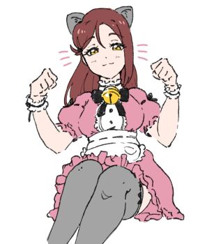 1girl :3 animal_ears black_thighhighs breasts cat_ears closed_mouth commentary curetortellini drawn_whiskers dress feet_out_of_frame invisible_chair large_breasts long_hair looking_at_viewer love_live! love_live!_sunshine!! paw_pose pink_dress puffy_short_sleeves puffy_sleeves red_hair sakurauchi_riko short_sleeves simple_background sitting smile solo split_mouth thighhighs white_background yellow_eyes