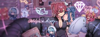 black_bodysuit blue_hair blue_wings blush bodysuit breasts cleavage couple demon_girl demon_wings duel_monster evil_twin_ki-sikil evil_twin_lil-la green_eyes heart iruka_no_kasa_(dolphin_diary) jacket ki-sikil_(yu-gi-oh!) large_breasts lil-la_(yu-gi-oh!) long_hair multiple_girls pink_hair purple_eyes red_hair short_hair twitter_username wings yu-gi-oh! yuri