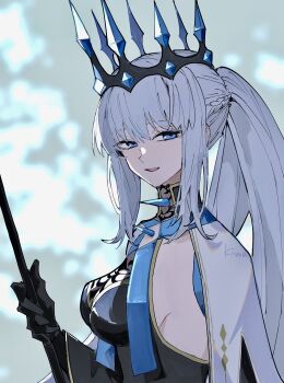 1girl artist_name black_dress black_gloves blue_eyes braid crown dress fate/grand_order fate_(series) gloves half_up_braid highres ki_wa001 long_hair looking_at_viewer morgan_le_fay_(fate) morgan_le_fay_(queen_of_winter)_(fate) ponytail smile solo spikes very_long_hair white_hair
