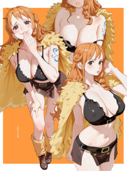 1girl absurdres artist_name bare_arms bare_shoulders belt belt_buckle blush border braid breasts brown_eyes brown_loincloth brown_skirt buckle cape cleavage closed_mouth collarbone commentary cowboy_shot crop_top curvy earrings eyelashes full_body fur_cape fur_leg_warmers hand_on_own_thigh hand_to_own_mouth highres jewelry knees large_breasts leaning_forward leg_warmers lips loincloth long_hair melowh midriff miniskirt multiple_views nami_(one_piece) nami_(one_piece)_(elbaf) navel official_alternate_costume official_alternate_hairstyle one_piece orange_background orange_hair outside_border parted_lips pearl_earrings pink_lips revealing_clothes shoulder_tattoo single_braided_sidelock skirt smile smug strap_slip tattoo upper_body white_border wide_hips yellow_cape