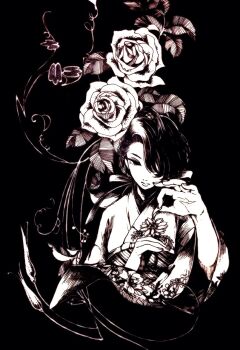 1girl ameishi ballpoint_pen_(medium) black_background bow closed_mouth commentary_request cropped_torso curtained_hair expressionless flower hair_bow hair_over_one_eye highres holding holding_flower japanese_clothes kimono long_hair long_sleeves obi obiage one_eye_covered original pen_(medium) plucking_petals rose sash solo traditional_media wide_sleeves