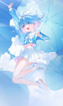 1girl :d absurdres arm_up arona_(blue_archive) b_soyo1 blue_archive blue_eyes blue_hair blue_shirt blue_sky blush bow bow_hairband bowtie cloud colored_inner_hair commentary day full_body hairband highres holding holding_umbrella long_sleeves midriff miniskirt multicolored_hair navel open_mouth outdoors pink_hair pleated_skirt sailor_collar shirt shoes short_hair skirt sky smile sneakers solo umbrella white_bow white_bowtie white_hairband white_sailor_collar white_shoes white_skirt