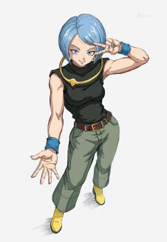 1girl aqua_hair bulma casual commentary denim dragon_ball dragon_ball_xenoverse_3 highres jeans pants shirt short_hair smile solo sydoria