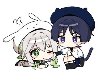 1boy 1girl :< ? ?? animal_ear_headwear arm_at_side beret black_bodysuit black_boots black_bridal_gauntlets black_hair black_hat black_shoes black_shorts blue_sleeves blunt_ends blush bodysuit boots braid bridal_gauntlets casual cat_boy cat_tail cheek_pinching chibi chibi_only choppy_bangs clenched_hand closed_mouth collared_shirt colored_tips contemporary cross-shaped_pupils dress eyelashes eyeliner fake_animal_ears full_body genshin_impact green_eyes green_hair green_pupils green_sailor_collar hair_ornament half_crown_braid hat highres layered_sleeves leaf leaf_hair_ornament legwear_garter long_hair looking_at_another lying makeup mary_janes multicolored_hair nahida_(genshin_cafe_in_seoul)_(genshin_impact) nahida_(genshin_impact) nomi_(crazyab0utyou) official_alternate_costume on_stomach one_eye_closed open_mouth outstretched_arm pinching pointy_ears purple_eyes red_eyeliner sailor_collar scaramouche_(genshin_impact) shirt shoes short_sleeves shorts side_ponytail sidelocks sitting socks streaked_hair sweatdrop symbol-shaped_pupils tail tareme turtleneck turtleneck_bodysuit wanderer_(genshin_cafe_in_seoul)_(genshin_impact) wanderer_(genshin_impact) white_background white_dress white_hair white_hat white_shirt white_sleeves white_socks wristband