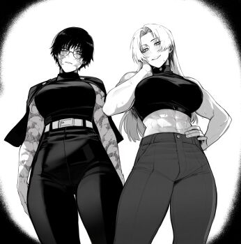 2girls abs absurdres bare_shoulders belt glasses greyscale highres jujutsu_kaisen long_hair looking_at_viewer masoq monochrome multiple_girls muscular muscular_female pants round_eyewear shirt short_hair sleeveless sleeveless_shirt sweat tsukumo_yuki_(jujutsu_kaisen) zen'in_maki