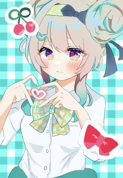 Rule 34 | 1girl, blush, bow, bowtie, buttons, closed mouth, collared shirt, double bun, finger heart, firefly (honkai: star rail), gradient hair, green bow, green bowtie, green pupils, grey hair, grey hairband, grey ribbon, hair between eyes, hair bun, hair intakes, hair ornament, hair ribbon, hairband, hairpin, highres, honkai: star rail, honkai (series), long hair, m2 f, multicolored eyes, multicolored hair, plaid background, plaid bow, plaid bowtie, plaid clothes, red bow, ribbon, shirt, solo, white shirt