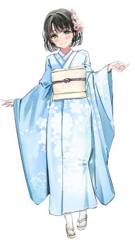 1girl black_hair blue_kimono blunt_bangs blush bob_cut commentary_request flower frontrivers_kae full_body furisode green_eyes hair_flower hair_ornament highres japanese_clothes kimono link!_like!_love_live! long_sleeves love_live! momose_ginko obi obiage obijime pink_flower sandals sash short_hair smile socks solo tabi virtual_youtuber white_sandals white_sash white_socks wide_sleeves