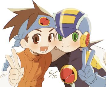 2boys blue_bodysuit blue_helmet blush bodysuit brothers brown_eyes brown_hair closed_mouth dated green_eyes helmet highres lan_hikari_(mega_man) male_focus mega_man_(series) mega_man_battle_network_(series) megaman.exe multiple_boys netnavi noro_zt open_mouth orange_vest shirt siblings simple_background smile twins upper_body v vest white_background white_shirt