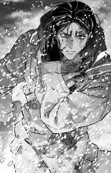 Rule 34 | bleeding, blood, blood on face, coat, commentary, dark-skinned male, dark skin, gloves, golden kamuy, greyscale, highres, injury, koito otonoshin, long sleeves, male focus, monochrome, ogata buta, short hair, snowing, untranslatable commentary, upper body, winter, winter clothes