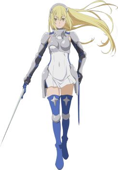 1girl absurdres aiz_wallenstein armor black_gloves blonde_hair blue_socks blue_thighhighs boots breastplate breasts closed_mouth dress dungeon_ni_deai_wo_motomeru_no_wa_machigatteiru_darou_ka female_focus full_body gloves headgear highres holding holding_sword holding_weapon large_breasts legs long_glove long_hair looking_at_viewer miniskirt navel pleated_skirt scabbard sheath simple_background skirt socks solo solo_focus sword sword_oratoria thigh_boots thighhighs thighs weapon white_background white_dress white_skirt yellow_eyes zettai_ryouiki