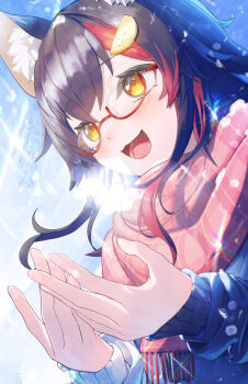 1girl animal_ear_fluff animal_ears black_hair black_sweater blush commentary_request glasses hair_between_eyes hair_ornament highres hololive kanabun_(jhft8347) multicolored_hair ookami_mio open_mouth pink_scarf plaid_clothes plaid_scarf red_hair scarf smile solo sweater upper_body virtual_youtuber wolf_ears wolf_girl yellow_eyes