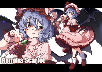 Rule 34 | 1girl, absurdres, ascot, bat wings, blue hair, brooch, character name, closed mouth, commentary request, eyes visible through hair, frilled skirt, frills, gokuu (acoloredpencil), hair between eyes, hat, hat ribbon, highres, jewelry, letterboxed, loafers, looking at viewer, medium hair, mob cap, multiple views, pink hat, pink shirt, pink skirt, pink wrist cuffs, red ascot, red eyes, red nails, red shoes, remilia scarlet, ribbon, ribbon-trimmed skirt, ribbon trim, shirt, shoes, skirt, skirt set, smile, socks, touhou, white socks, wings, wrist cuffs, zoom layer