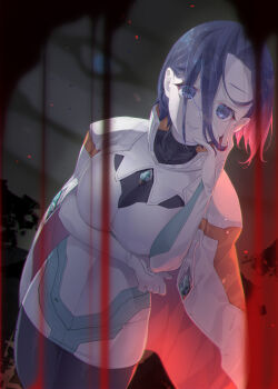 1girl arms_under_breasts blood blurry blurry_background breasts cape closed_mouth commentary_request deus_(xenogears) dress gem green_gem highres large_breasts looking_at_viewer loose_hair_strand miang_hawwa monolith_soft pantyhose pencil_dress purple_eyes purple_hair scene_reference short_dress short_hair smile solo soukuu_kizuna standing white_cape white_dress xeno_(series) xenogears
