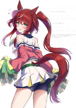 1girl absurdres animal_ears ass bare_shoulders bike_shorts black_shorts blush commentary_request crop_top cropped_shirt ear_scrunchie frilled_skirt frills from_behind green_eyes hair_between_eyes highres holding holding_pom_poms horse_ears horse_girl horse_tail jacket kibihimi long_hair long_sleeves looking_at_viewer midriff multicolored_hair off_shoulder official_alternate_costume official_alternate_hairstyle open_clothes open_jacket open_mouth pink_jacket pom_pom_(cheerleading) pom_poms puffy_long_sleeves puffy_sleeves red_hair red_tail request_inset shirt shorts simple_background skindentation skirt smile solo streaked_hair sweat tail twintails umamusume white_background white_hair white_shirt white_skirt white_streaks win_variation_(umamusume)