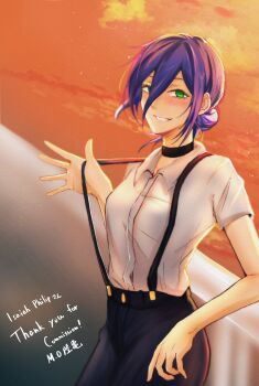 1girl black_choker black_pants chainsaw_man choker collared_shirt commentary_request commission green_eyes hair_between_eyes hair_bun highres looking_at_viewer madaosw medium_hair pants purple_hair reze_(chainsaw_man) shirt shirt_tucked_in skeb_commission solo suspenders