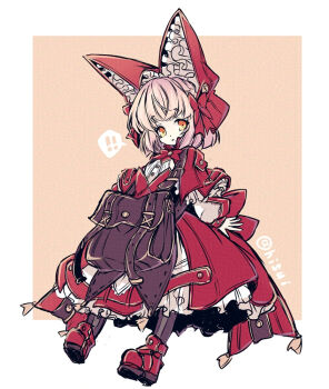 Rule 34 | !, 1girl, animal ears, belt, boots, brown bag, brown hair, brown thighhighs, commentary request, dress, eyebrows hidden by hair, fake animal ears, flat chest, from side, hair ribbon, hisui (syarute), looking at viewer, open mouth, original, rabbit ears, red boots, red dress, red ribbon, ribbon, short hair, solo, spoken exclamation mark, thighhighs