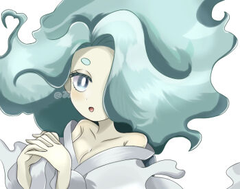 1girl a_(pixiv_72325308) artist_name bare_shoulders blue_hair breasts cleavage enraenra_(youkai_watch) hair_over_one_eye long_hair looking_at_viewer medium_breasts open_mouth simple_background solo white_background youkai_(youkai_watch) youkai_watch