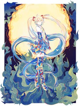 Rule 34 | 1girl, abstract, abstract background, absurdres, ahoge, aqua hair, arms at sides, bare shoulders, blush, border, closed mouth, collared shirt, commentary, detached sleeves, english commentary, expressionless, floating hair, from side, galaxyroyaltea, hair between eyes, hatsune miku, highres, kikuo, kikuo (style), long hair, looking back, looking to the side, miniskirt, multicolored hair, necktie, orange eyes, orange hair, orange necktie, outside border, shirt, skirt, sleeveless, sleeveless shirt, solo, thighhighs, twintails, very long hair, vocaloid, white border, white shirt, zettai ryouiki