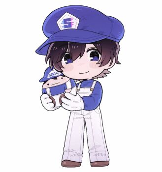 1boy appleheart04 black_hair blue_hat blue_sweater brown_shoes closed_mouth commentary_request deformed full_body gloves hat korean_commentary looking_at_viewer newsboy_cap overalls shoes simple_background smg4 smg4_(character) smile solo sweater white_background white_gloves white_overalls