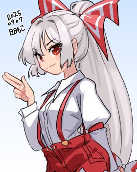 1girl absurdres blush bow collared_shirt commentary_request cowboy_shot dated finger_gun fujiwara_no_mokou gradient_background grey_hair hair_bow high_ponytail highres long_hair multiple_hair_bows neophyte open_fly pants ponytail red_bow red_eyes red_pants red_suspenders shirt smile solo suspenders touhou very_long_hair white_bow white_shirt wing_collar