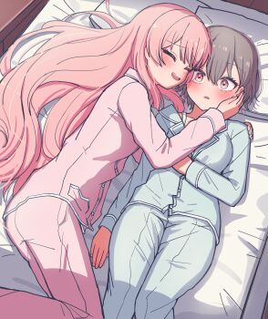 Rule 34 | 2girls, absurdres, bang dream!, bang dream! it's mygo!!!!!, blue pants, blue shirt, blush, bra strap, brown eyes, chihaya anon, closed eyes, commentary, dress shirt, fang, grey hair, hair between eyes, highres, jin (jinkwon1147), long hair, long sleeves, lying, multiple girls, on back, on side, open mouth, pajamas, pants, pillow, pink hair, pink pants, pink shirt, shirt, short hair, takamatsu tomori, teeth, upper teeth only, yuri