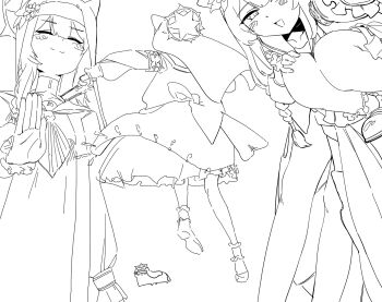 1girl :d animal_ears blue_archive blush_stickers closed_eyes closed_mouth dress fake_animal_ears greyscale gz_(gzdteee) hair_between_eyes hairband half-closed_eyes halo highres long_sleeves mari_(blue_archive) monochrome multiple_views nun open_mouth puffy_long_sleeves puffy_sleeves robe running shoes simple_background smile socks squatting veil white_background