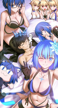 1boy 6+girls absurdres ahoge archetype_earth arcueid_brunestud arcueid_brunestud_(dazzling_moon) arcueid_brunestud_(mooncancer) bare_shoulders besmiled bikini black_bra black_gloves black_hair black_jacket black_panties blonde_hair blue_bikini blue_eyes blue_hair blue_ribbon blush bra breasts c.i.e.l_(fate) choker ciel-sensei_(fate) ciel_(tsukihime) cleavage commission cross cross_necklace crown fate/grand_order fate_(series) flower glasses gloves hair_flower hair_ornament highres jacket jewelry large_breasts long_hair long_sleeves looking_at_viewer multiple_girls multiple_persona mysterious_executor_c.i.e.l_(fate) necklace neco-ciel one_eye_closed open_mouth panties pixiv_commission red_eyes ribbon sharp_teeth short_hair smile star_ciel_(fate) swimsuit teeth thighs tohno_shiki tsukihime tsukihime_(remake) underwear white_bikini