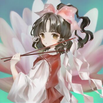 1girl aqua_background black_hair bow brown_eyes closed_mouth flower from_side gohei hair_bow hakurei_reimu hakurei_reimu_(seihou) hand_up highres holding holding_gohei light_blush long_sleeves looking_back lotus medium_hair natsuakari pink_bow ponytail red_vest shirt sideways_glance solo touhou upper_body vest white_shirt