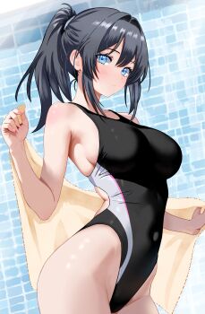 1girl :/ absurdres bare_arms bare_shoulders bilingual_commentary black_hair black_one-piece_swimsuit blue_eyes breasts closed_mouth commentary commentary_request commission competition_swimsuit covered_navel cowboy_shot english_commentary fingernails from_side hair_between_eyes hair_ornament hair_scrunchie highleg highleg_one-piece_swimsuit highres holding holding_towel kyoichi large_breasts light_blush looking_at_viewer mixed-language_commentary one-piece_swimsuit original ponytail scrunchie skeb_commission solo standing swimsuit towel white_scrunchie