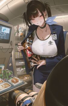 2girls airplane_interior anis_(nikke) beret black_hair black_jacket black_skirt black_thighhighs bra_visible_through_clothes breasts brown_hair can cleavage clothes_writing commentary drink_can flight_attendant food_packaging goddess_of_victory:_nikke hat headset highres id_card instant_noodles instant_pack_noodles jacket jewelry large_breasts long_sleeves mole mole_under_eye multiple_girls multiple_rings open_clothes open_jacket opened_by_self pantyhose red_eyes ring rucarachi serving_cart shirt shirt_tucked_in skirt smile solo_focus sora_(nikke) thigh_strap thighhighs thighs travel_attendant twintails vehicle_interior white_pantyhose white_shirt