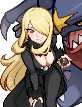1girl alternate_breast_size_(larger) artist_name black_coat black_sclera blonde_hair blush blushyspicy breasts claws cleavage closed_mouth coat colored_sclera commentary cynthia_(pokemon) english_commentary fur-trimmed_coat fur-trimmed_sleeves fur_collar fur_trim garchomp gen_4_pokemon grey_eyes hair_ornament hair_over_one_eye highres holding holding_poke_ball large_breasts leaning_forward long_hair long_sleeves looking_at_viewer luxury_ball nintendo open_mouth poke_ball pokemon pokemon_(creature) pokemon_diamond/pearl/platinum sharp_teeth simple_background smile solo teeth very_long_hair white_background yellow_eyes