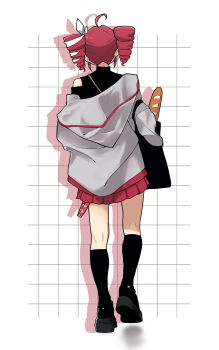 1girl ahoge bag baguette black_shoes black_socks bread drill_hair drop_shadow facing_away food from_behind grid_background hair_ribbon highres hood hood_down hooded_jacket jacket kasane_teto kasane_teto_(sv) kneehighs michihirogswr miniskirt pleated_skirt red_hair ribbon shoes shopping_bag single_off_shoulder skirt socks solo standing synthesizer_v twin_drills utau white_background white_ribbon
