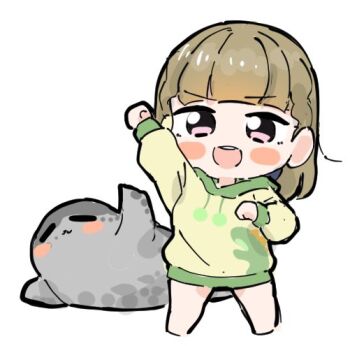 Rule 34 | 1girl, :d, animal, blush stickers, braid, brown hair, center-flap bangs, chibi, chibi only, clenched hands, closed eyes, commentary request, hood, hoodie, kachimachi kosuzu, kachimachi kosuzu (summer loungewear), link! like! love live!, long hoodie, long sleeves, looking at viewer, love live!, open mouth, pink eyes, raised fist, seal (animal), side braids, smile, solo, standing, tazaki masanobu, virtual youtuber, yellow hoodie