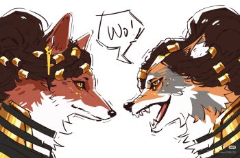 animal_ear_fluff animal_ear_piercing animal_ears animalization arcane:_league_of_legends artist_request bad_source brown_hair closed_mouth dual_persona english_text fangs fox_ears fox_tail from_side furry furry_female hair_ornament hair_up jewelry league_of_legends long_hair looking_at_another mel_(league_of_legends) multiple_girls neck_armor open_mouth orange_eyes simple_background speech_bubble tail white_background wolf_ears wolf_girl