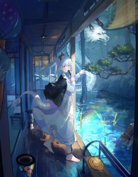 Rule 34 | 1girl, absurdres, black jacket, commentary request, commission, dragon, dragon girl, dragon tail, dress, eastern dragon, fan to mouth, folding fan, hand fan, highres, horns, jacket, long hair, looking at viewer, original, pine tree, pixiv commission, ponytail, porch, red eyes, rei (farta litia), shouji, sliding doors, standing, tail, tree, water, white dress, white hair