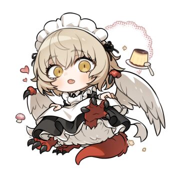 1girl black_dress blonde_hair centauroid chibi claws commentary_request dragon_girl dress dungeon_meshi falin_touden falin_touden_(chimera) fang feathered_wings food korean_commentary looking_at_viewer maid maid_headdress mayo_(mayo88meshi) monster_girl pudding short_hair skirt_hold slit_pupils solo taur white_background white_wings wings yellow_eyes