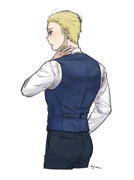 1boy axis_powers_hetalia black_pants blonde_hair blue_eyes blue_vest closed_mouth commentary_request cowboy_shot empty_eyes from_behind germany_(hetalia) half-closed_eyes hand_on_own_neck hand_up highres long_sleeves looking_to_the_side male_focus mi_aph_to pants shirt short_hair simple_background solo standing vest white_background white_shirt