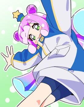 Rule 34 | 1girl, bike shorts, blue hair, blue jacket, blue shorts, blunt bangs, blunt ends, blunt sidelocks, blush, dot nose, double bun, grey eyes, hair bun, hat, highres, jacket, long hair, long sleeves, looking at viewer, mini hat, mini top hat, monster girl, multicolored hair, multicolored jacket, noyama takenoko, open mouth, pink hair, pocket, puniru (puniru wa kawaii slime), puniru wa kawaii slime, shorts, sidelocks, slime girl, slime hair, smile, solo, star (symbol), star ornament, top hat, two-tone hair, two-tone jacket, white jacket