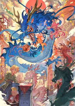 2boys 2girls absurdres animal_ears animal_focus antlers blonde_hair blue_hakama blue_pants brown_horns chinese_zodiac claws cloud commentary confetti day dragon eastern_dragon eyeball fire fox_ears green_eyes green_kimono hakama hakama_pants highres holding holding_eyeball holding_orb horns japanese_clothes kimono mane midair multiple_boys multiple_girls open_mouth original outdoors pants paper pink_hair queue red_sun scales scenery sharp_teeth short_hair sky stanchion tail tapioka_chaso teeth torii year_of_the_dragon yellow_eyes yellow_sky