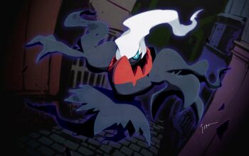 1other alley black_skin blue_sclera bright_pupils colored_sclera colored_skin darkrai floating floating_hair full_body gen_4_pokemon isutai legendary_pokemon long_hair looking_at_viewer mythical_pokemon nintendo outdoors pokemon pokemon_(creature) pokemon_focus smoke solo white_hair white_pupils