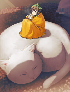 1girl animal blanket blowing_on_food blowing_steam brown_hair cat commentary_request cup green_hairband grey_eyes hairband hashi holding holding_cup kagami_mochi mini_person minigirl mug original pillow short_hair sitting_on_animal sleeping solo white_cat wooden_floor wrapped_in_blanket