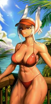 166_172 1girl abs against_railing alternate_costume animal_ears bikini blue_sky boku_no_hero_academia breasts cleavage clothes_writing cloud cloudy_sky collarbone commentary dark-skinned_female dark_skin english_commentary hair_bun highres large_breasts lifeguard long_eyelashes long_hair looking_at_viewer mirko navel outdoors palm_tree parted_bangs parted_lips rabbit_ears rabbit_girl railing red_bikini red_eyes red_visor revision sidelocks sky smile solo stomach sunlight sweat swimsuit thick_thighs thighs toned toned_female tree water white_cross white_hair wooden_railing