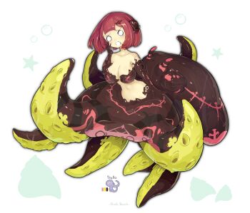 1girl absurdres air_bubble anger_vein bare_shoulders blunt_bangs blush breasts bubble cleavage collarbone commentary_request conch english_text full_body hair_ornament hand_on_own_face highres medium_breasts monster_girl navel octopus octopus_hair_ornament open_mouth organic_bra original red_hair scylla shell shitoi_(aqua1487) short_hair sidelocks simple_background solo starfish suction_tentacles surprised tentacles white_background wide-eyed