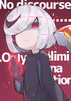 1girl ? artist_name banknote black_dress black_shirt bright_pupils child closed_mouth colored_extremities colored_inner_hair colored_skin commentary commentary_request disgust dollar_bill dotted_background dress from_below glitch glowing glowing_hand grey_background hair_between_eyes hair_over_eyes hair_over_one_eye highres humanoid_robot looking_at_viewer money money_gesture multicolored_hair myuutau_tadakichi red_eyes red_hands red_pupils robot robot_girl sage_(sonic) shirt short_hair signature skirt solo sonic_(series) sonic_frontiers spoken_question_mark sweat sweatdrop twitter_username white_hair white_skin wide_sleeves