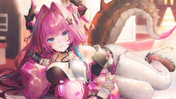 1girl absurdres arknights arknights:_endfield arm_support bare_shoulders blue_eyes breasts chinese_commentary closed_mouth commentary_request dragon_girl dragon_horns dragon_tail fang gloves hair_ornament highres horns large_breasts long_hair long_sleeves pink_gloves pink_hair smile solo swkl:d tail yvonne_(arknights)