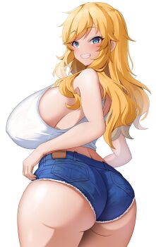 1girl absurdres ass bare_arms blonde_hair blue_eyes blue_shorts blush breasts commentary_request curvy denim highres huge_breasts idolmaster idolmaster_cinderella_girls long_hair looking_at_viewer ohtsuki_yui satoyama_meu shirt short_shorts shorts sideboob sidelocks simple_background sleeveless sleeveless_shirt solo standing white_background white_shirt