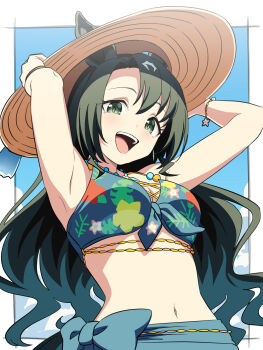 1girl absurdres animal_ears arms_up baasaku_(balasaku24) bikini black_hair blue_bikini blue_sky blush breasts cloud commentary_request ears_through_headwear floral_print floral_print_bikini green_eyes hair_between_eyes hat highres horse_ears horse_girl jewelry long_hair looking_at_viewer medium_breasts multicolored_hair navel necklace official_alternate_costume official_alternate_hairstyle open_mouth print_bikini satono_crown_(sunny_island_splendor)_(umamusume) satono_crown_(umamusume) sky smile solo stomach straw_hat streaked_hair sun_hat swimsuit teeth tongue umamusume upper_body upper_teeth_only white_hair
