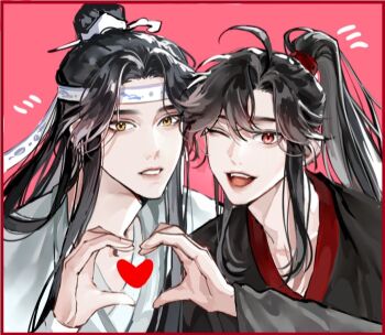 Rule 34 | 2boys, ahoge, bishounen, black hair, black hanfu, border, chinese clothes, couple, hanfu, hashtag-only commentary, headband, heart, heart hands, heart hands duo, high ponytail, lan wangji, long hair, long sleeves, looking at viewer, loxunzixin31122, male focus, modao zushi, multiple boys, notice lines, one eye closed, open mouth, parted lips, pink background, ponytail, red eyes, robe, sidelocks, simple background, smile, topknot, upper body, wei wuxian, white hanfu, white headband, wide sleeves, xiao guan (headdress), yaoi, yellow eyes